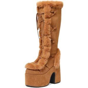 ⚡Women Chestnut02 Synthetic Mid Calf Lace Up Chunky High Heel Warm Fur Snow Boot